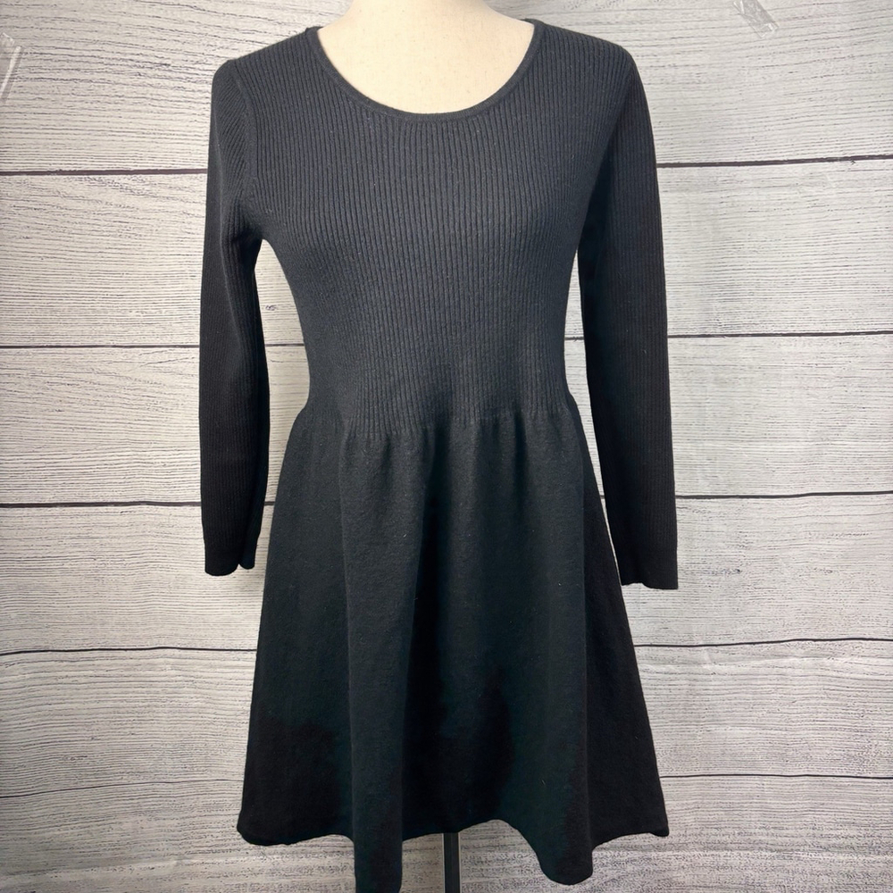Boden Black Wool Blend Knit Fit & Flare Dress Sz 12 Long Sleeve Back Button Rib - Picture 6 of 9